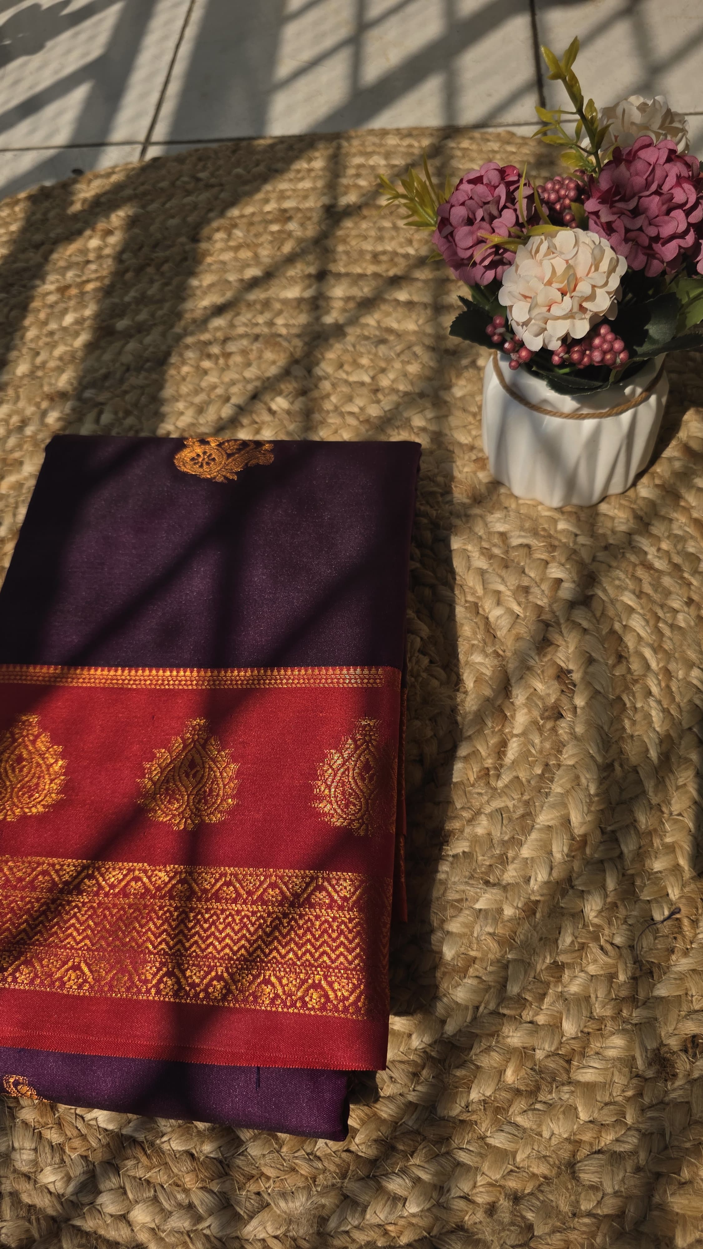 Violet colour semi silk saree with pink border