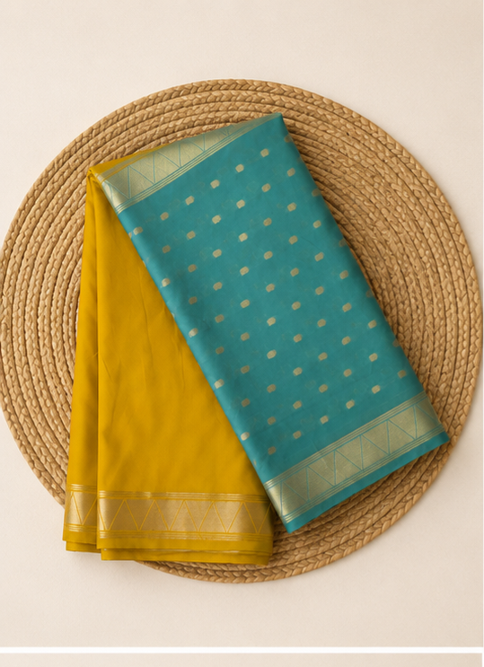 Lime yellow colour and pastel blue colour semi mysore silk saree