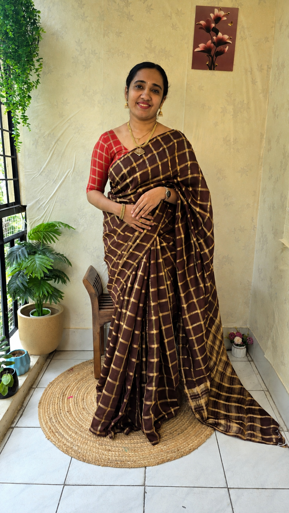 Coffee brown semi soft checked silk saree with blouse