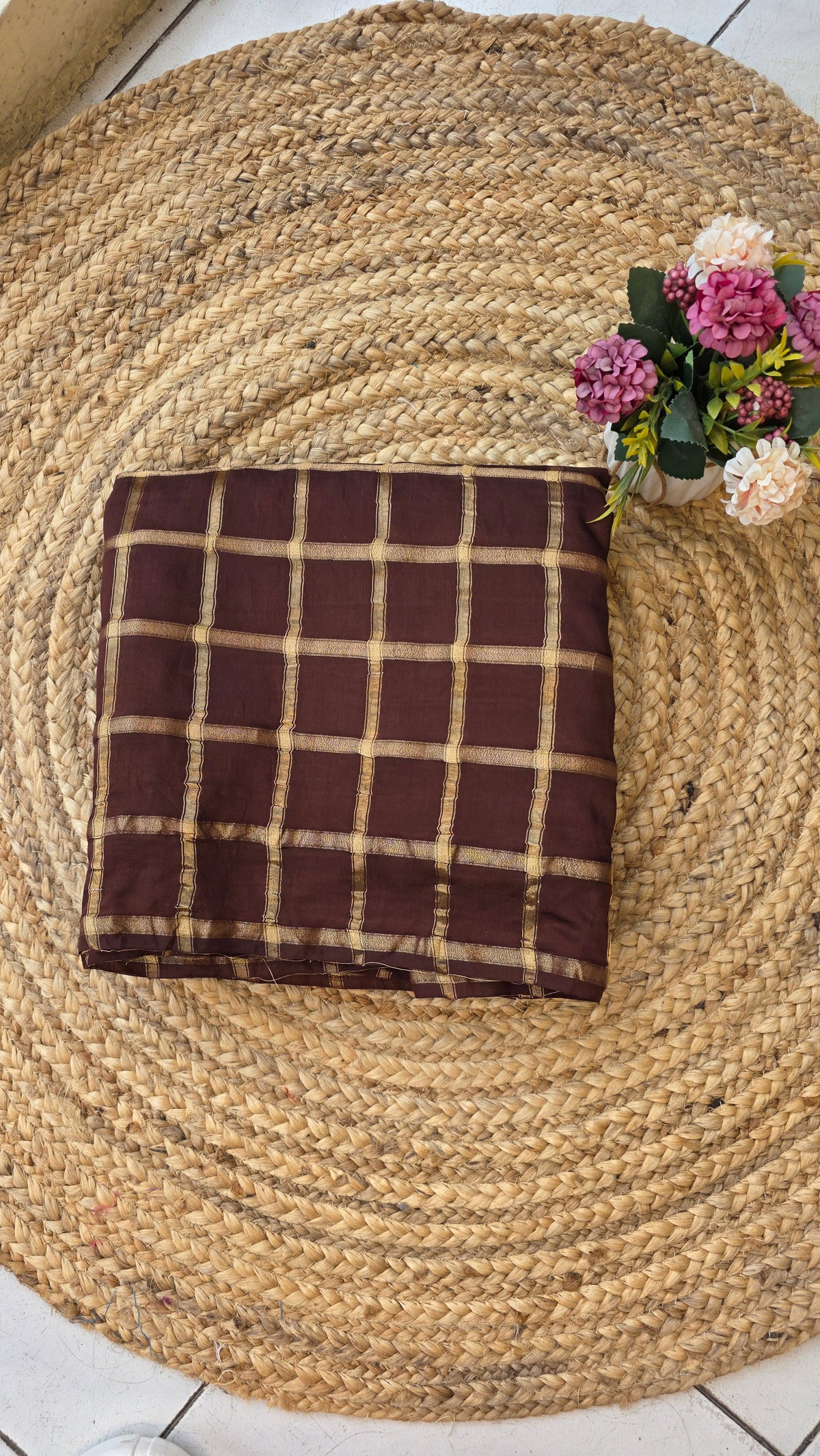 Coffee brown semi soft checked silk saree with blouse