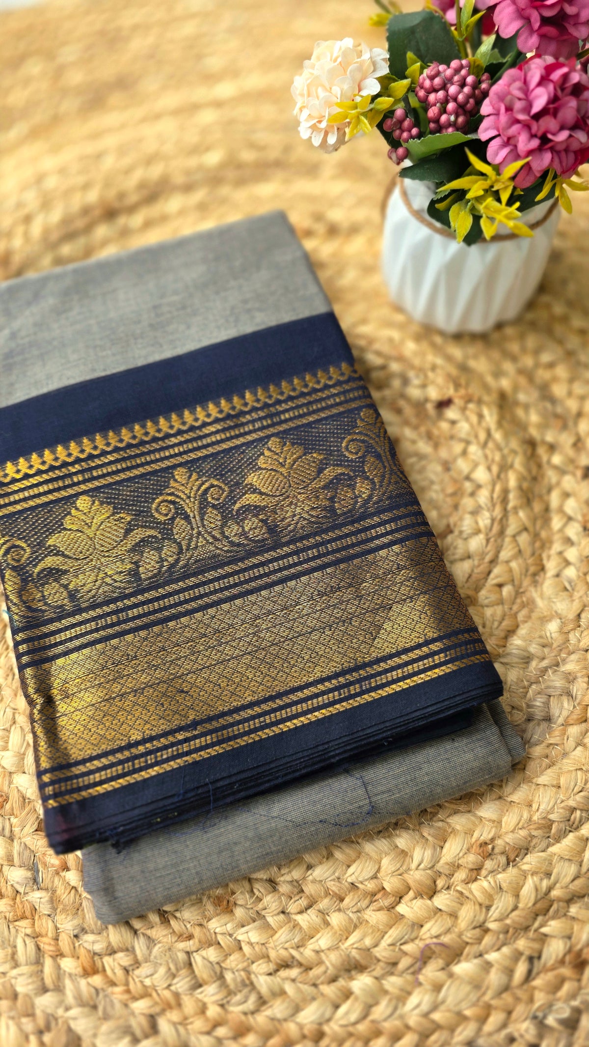 Ash colour kanchi cotton saree with black border