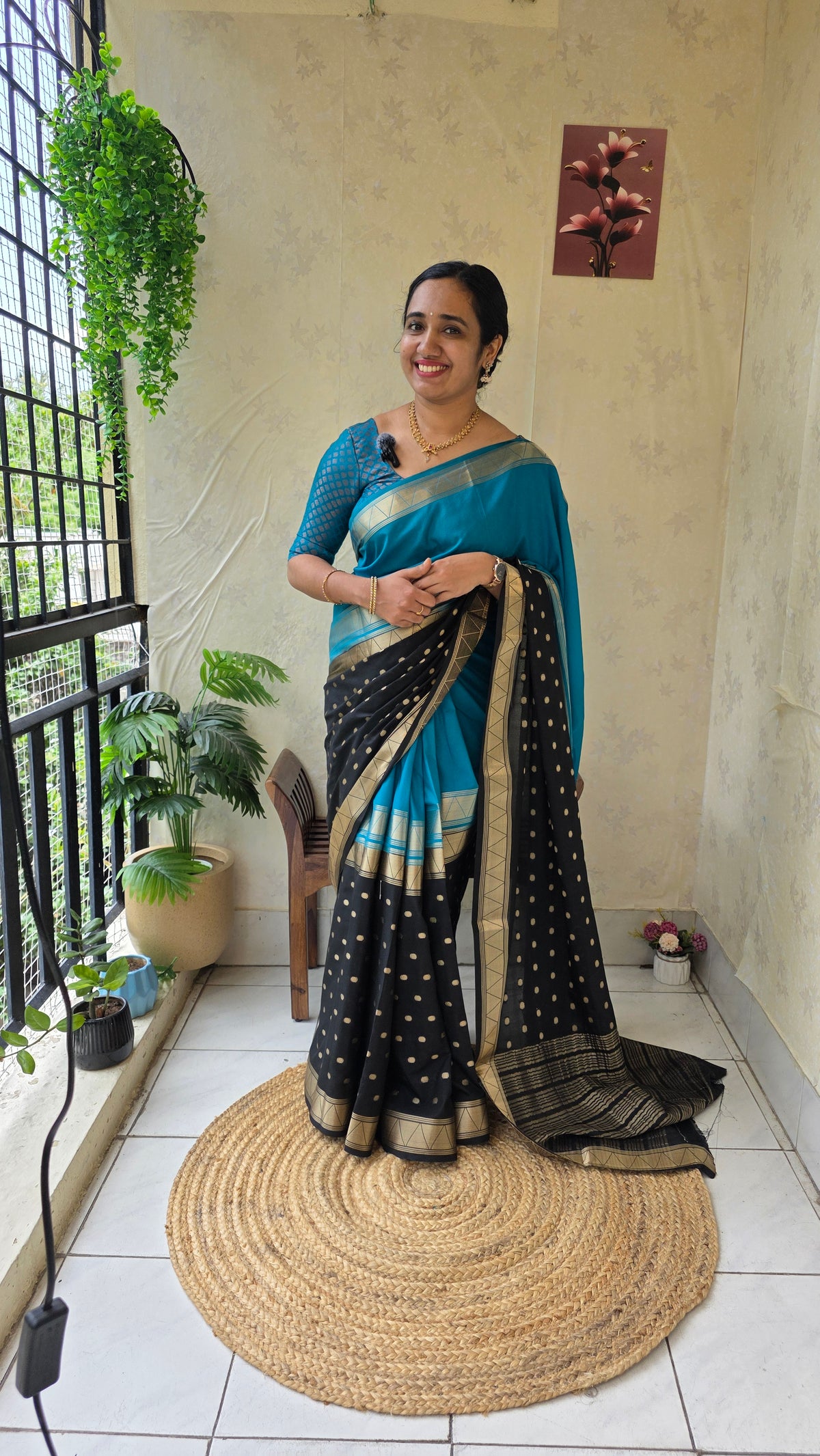 Dark skyblue and black semi mysore silk saree
