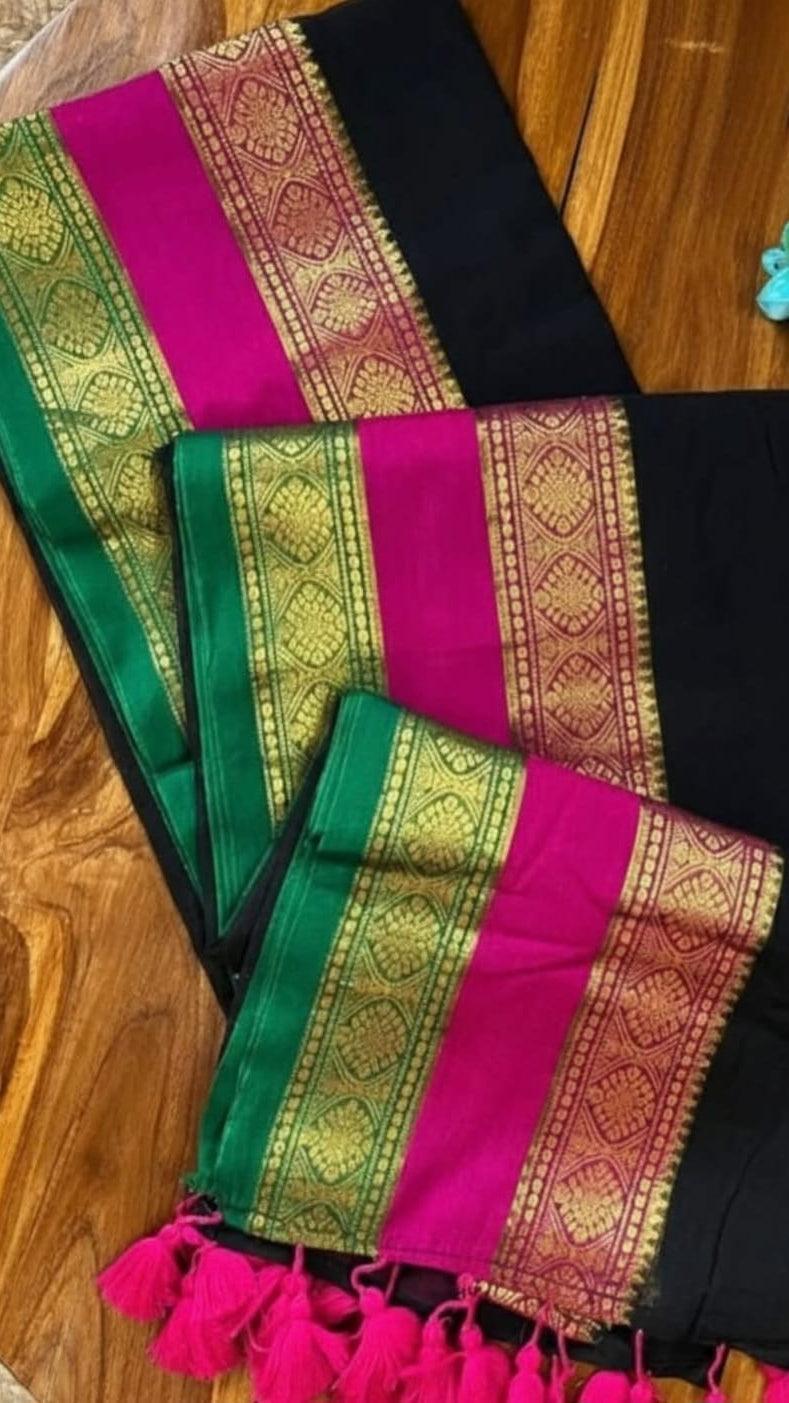 Multi colour kanchi border black cotton saree with tussels.