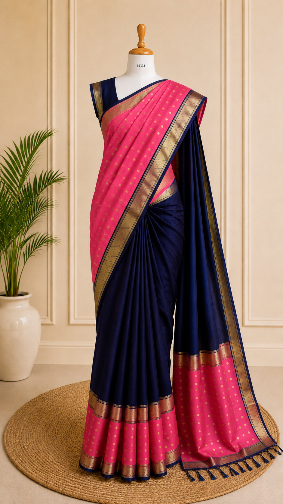 Pink and navy blue semi mysore silk saree
