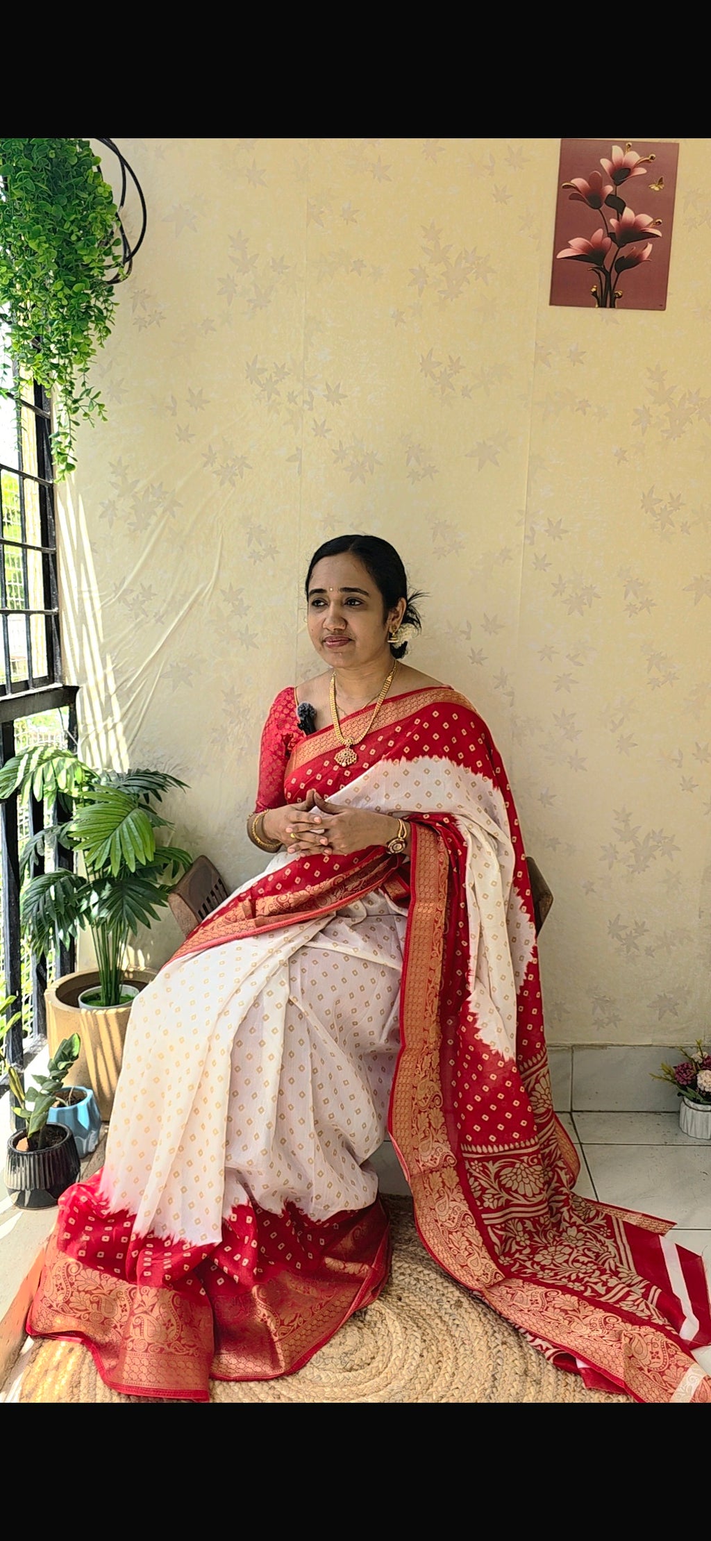 Semi binni silk saree with red border