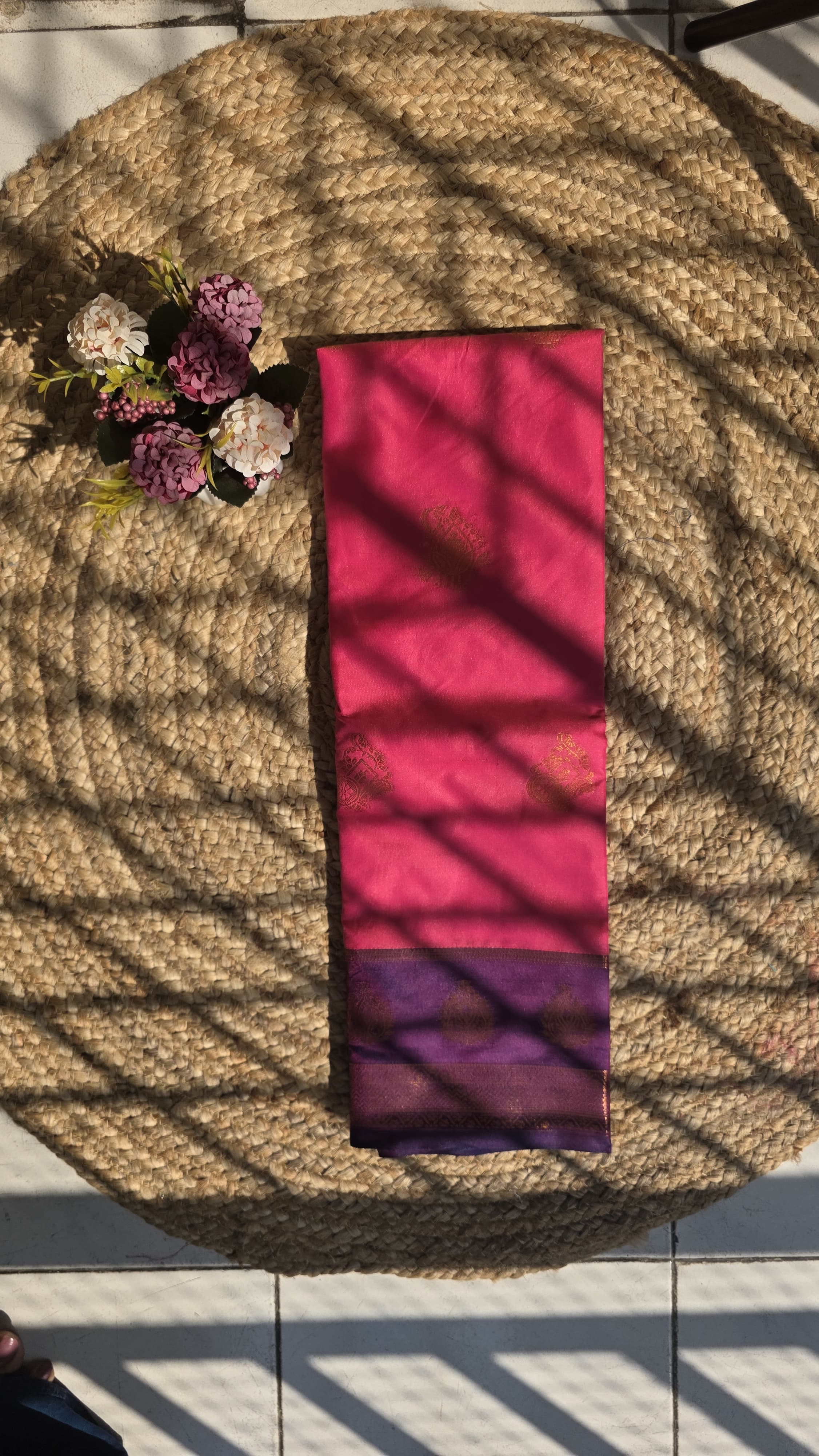 Pink colour semi silk saree with violet border