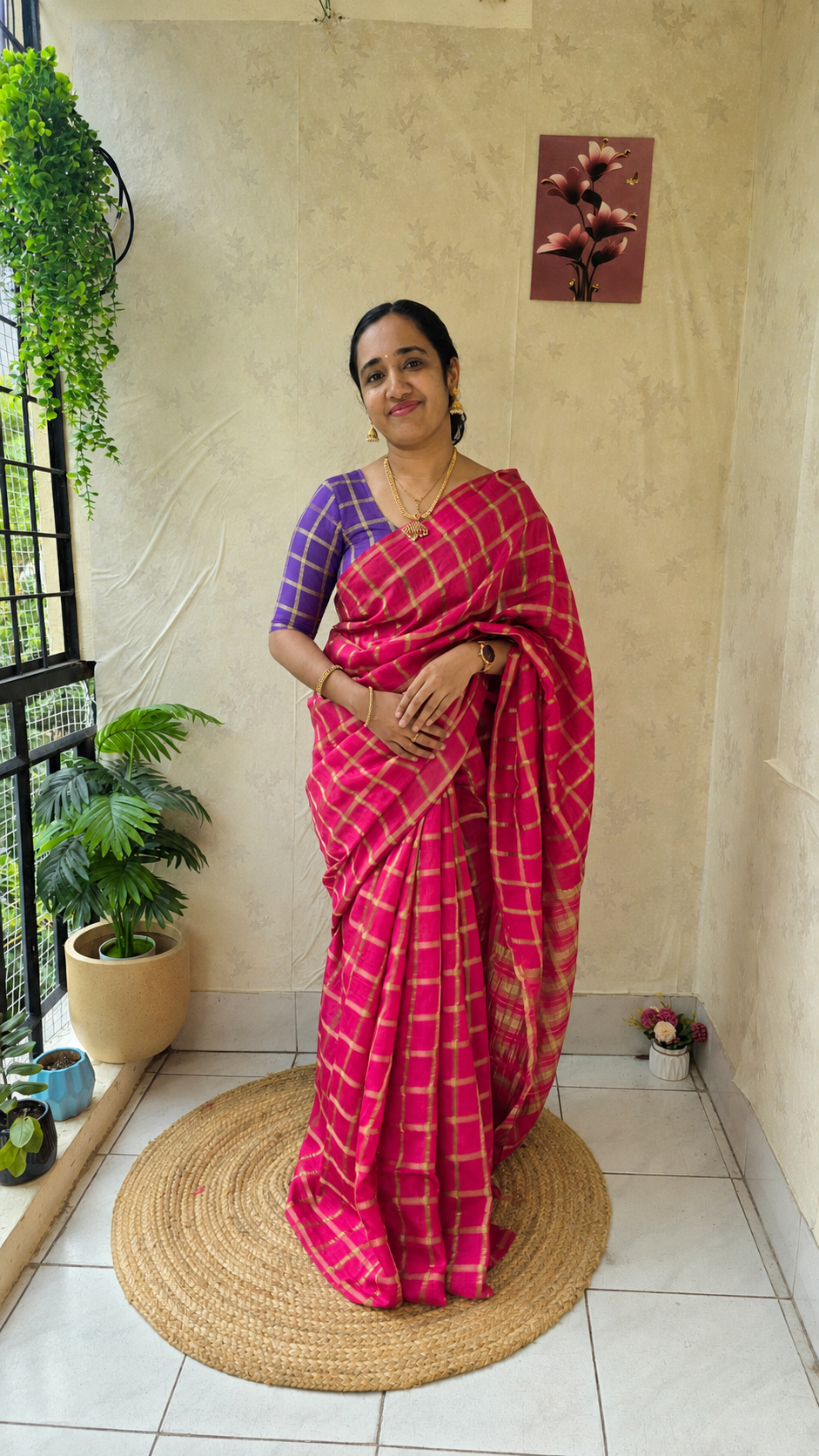 Rani pink semi soft  silk saree with blouse