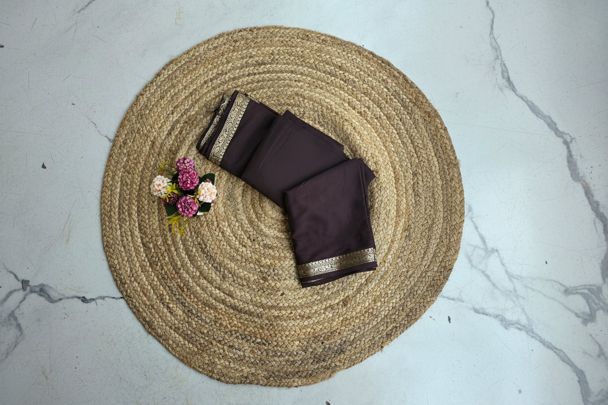 Dark coffee brown semi mysore silk saree with golden border