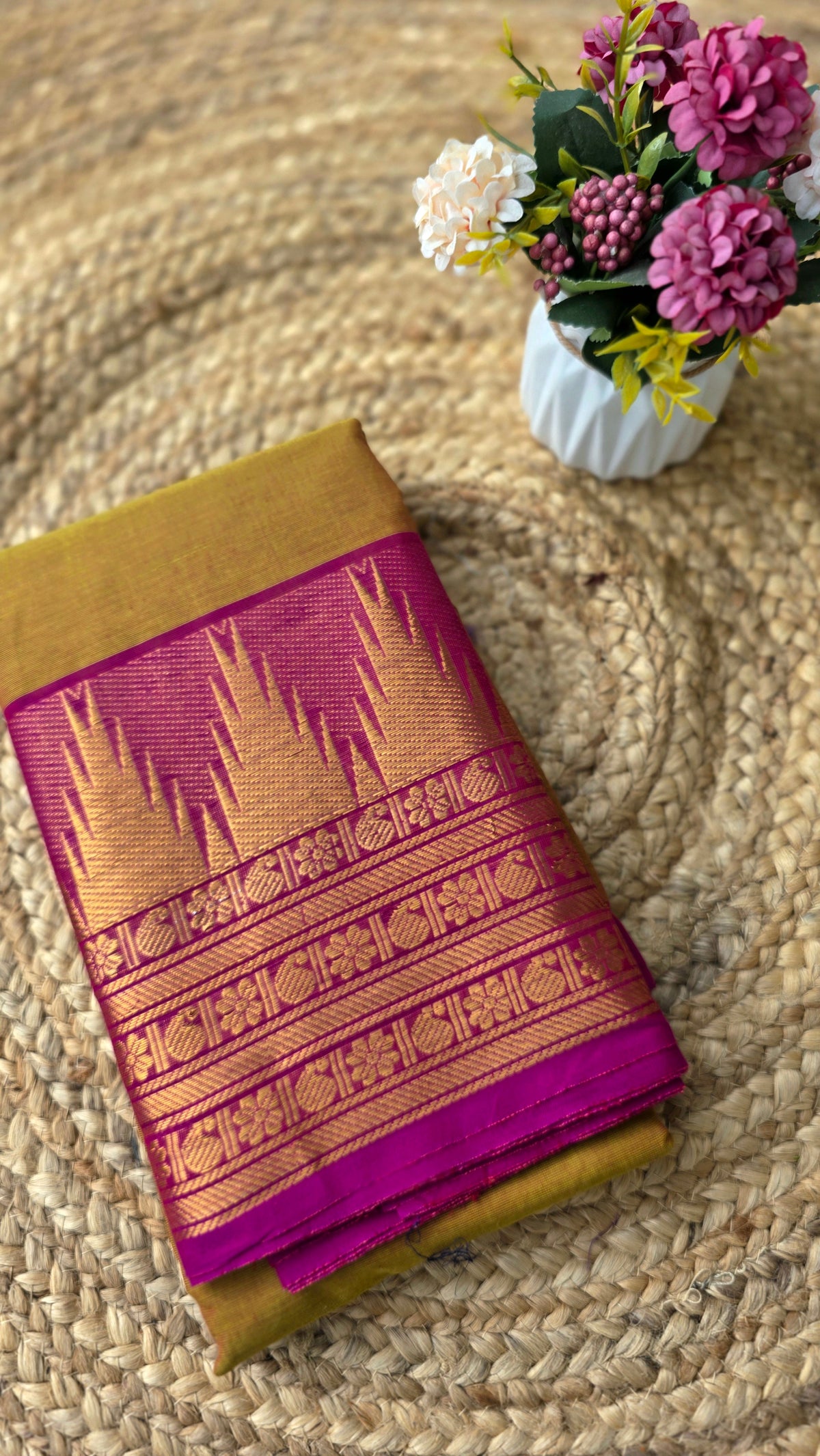 Mustard yellow colour kanchi cotton saree with rani pink border