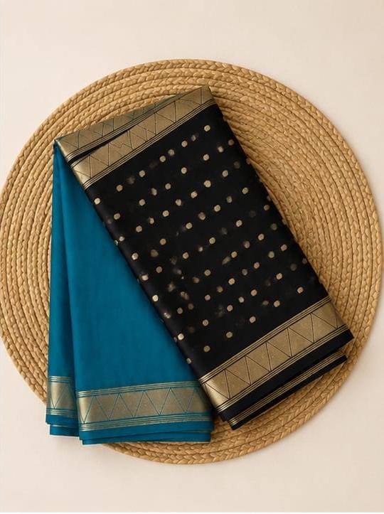 Dark skyblue and black semi mysore silk saree