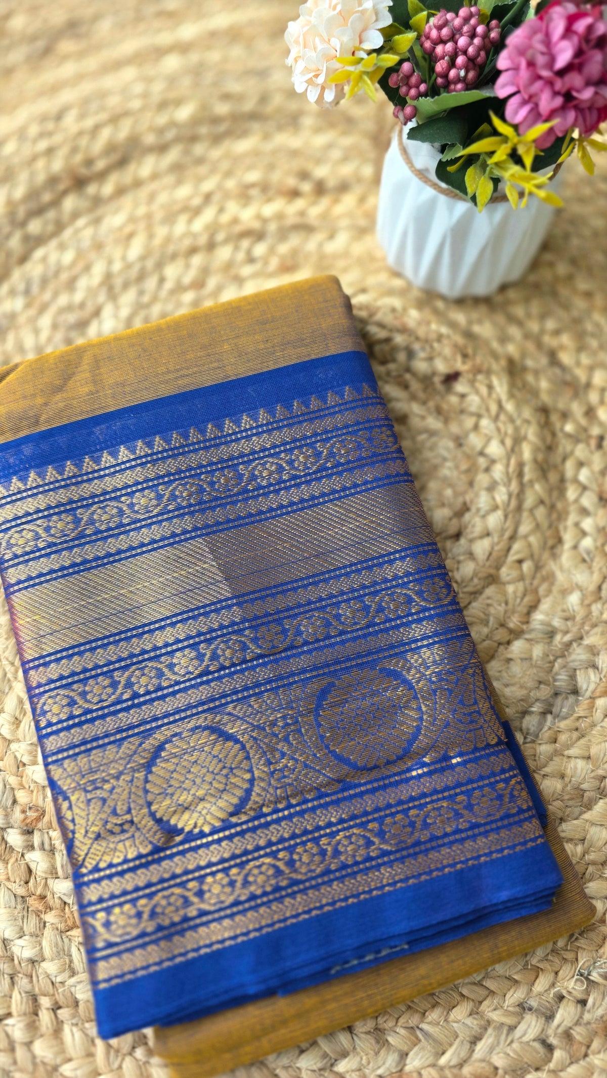Mustard yellow kanchi cotton saree with dark blue border
