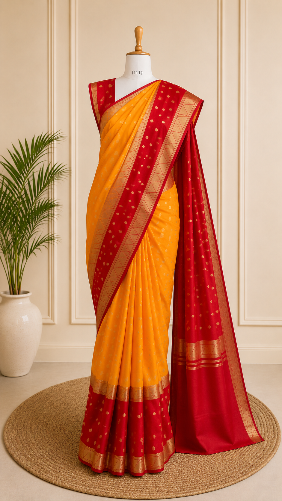 Mango yellow and red colour Semi mysore silk saree