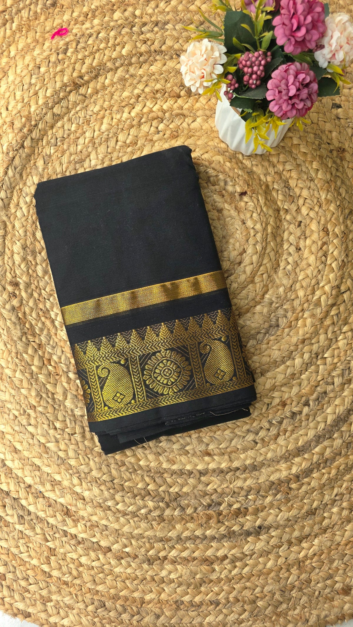 Black kanchi cotton saree with golden border