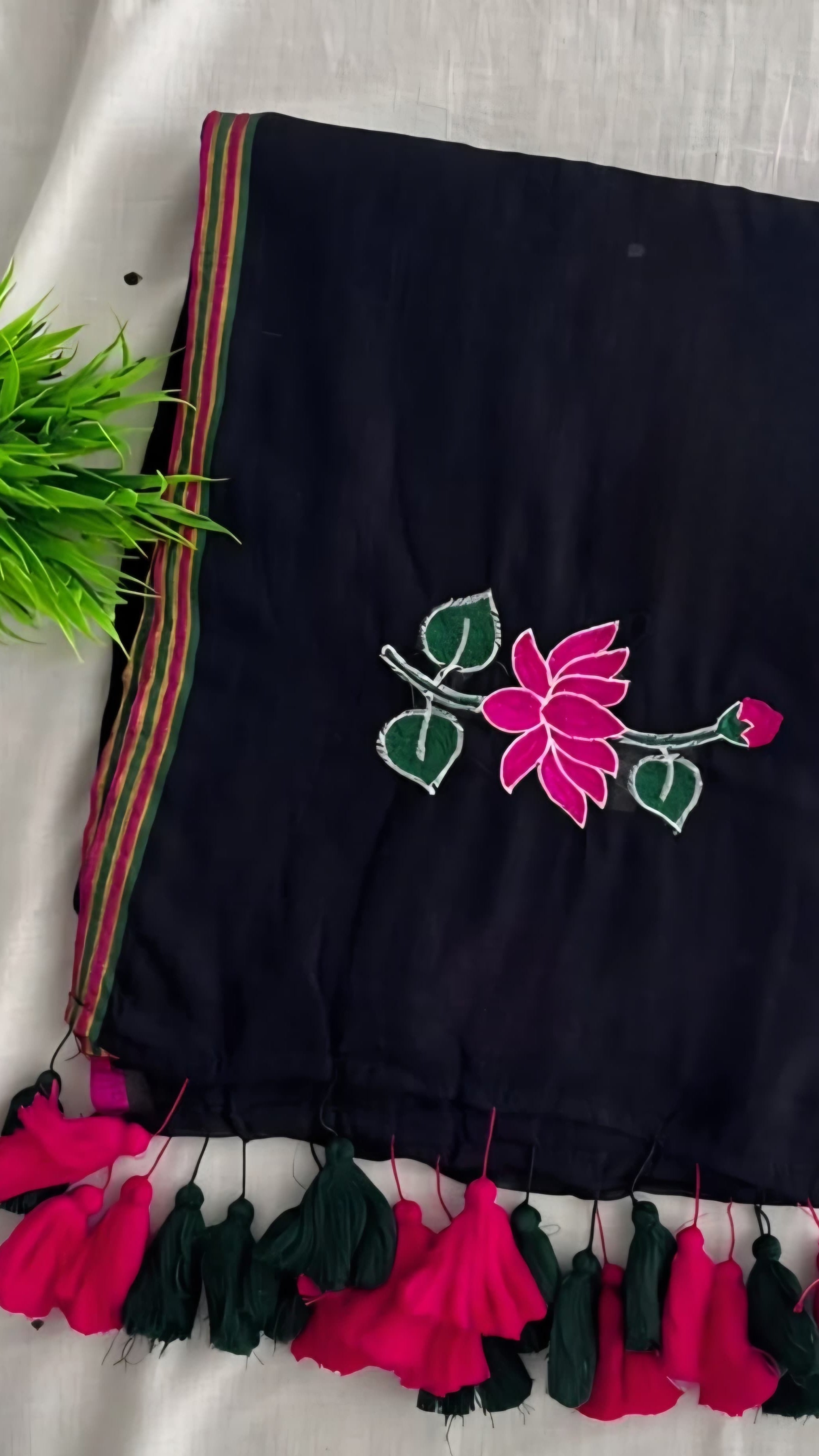 Black mulcotton saree with tessals