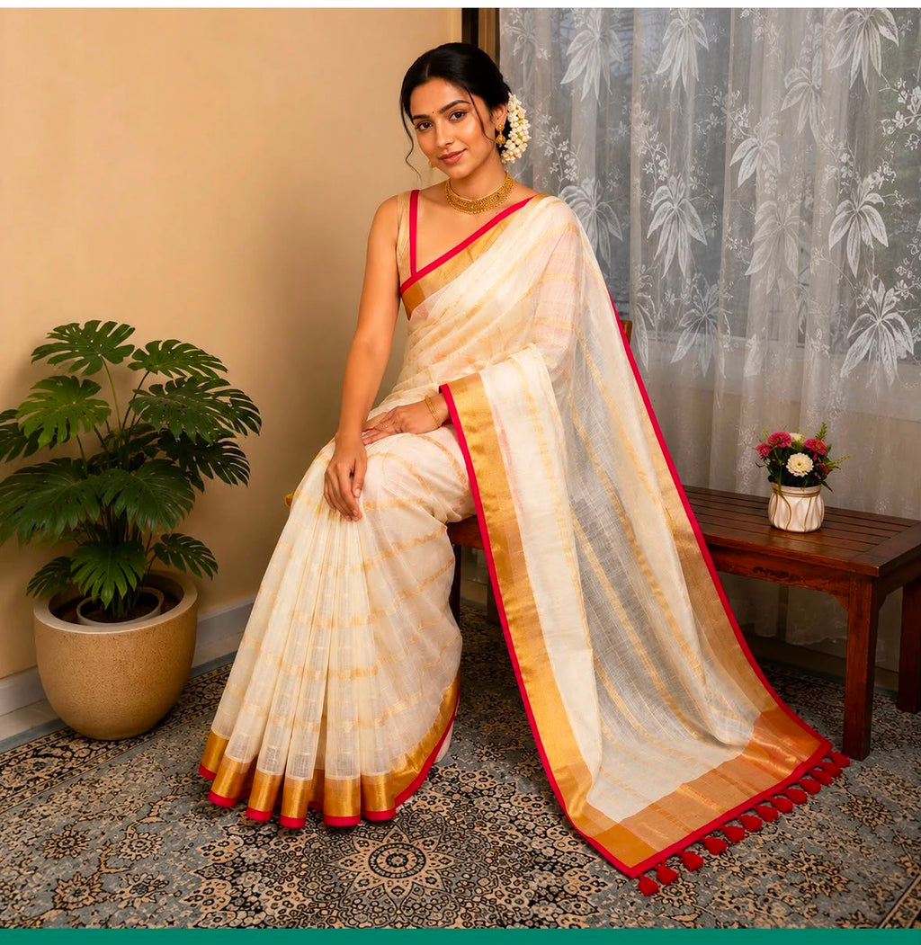 Mulcotton red border saree with tussels