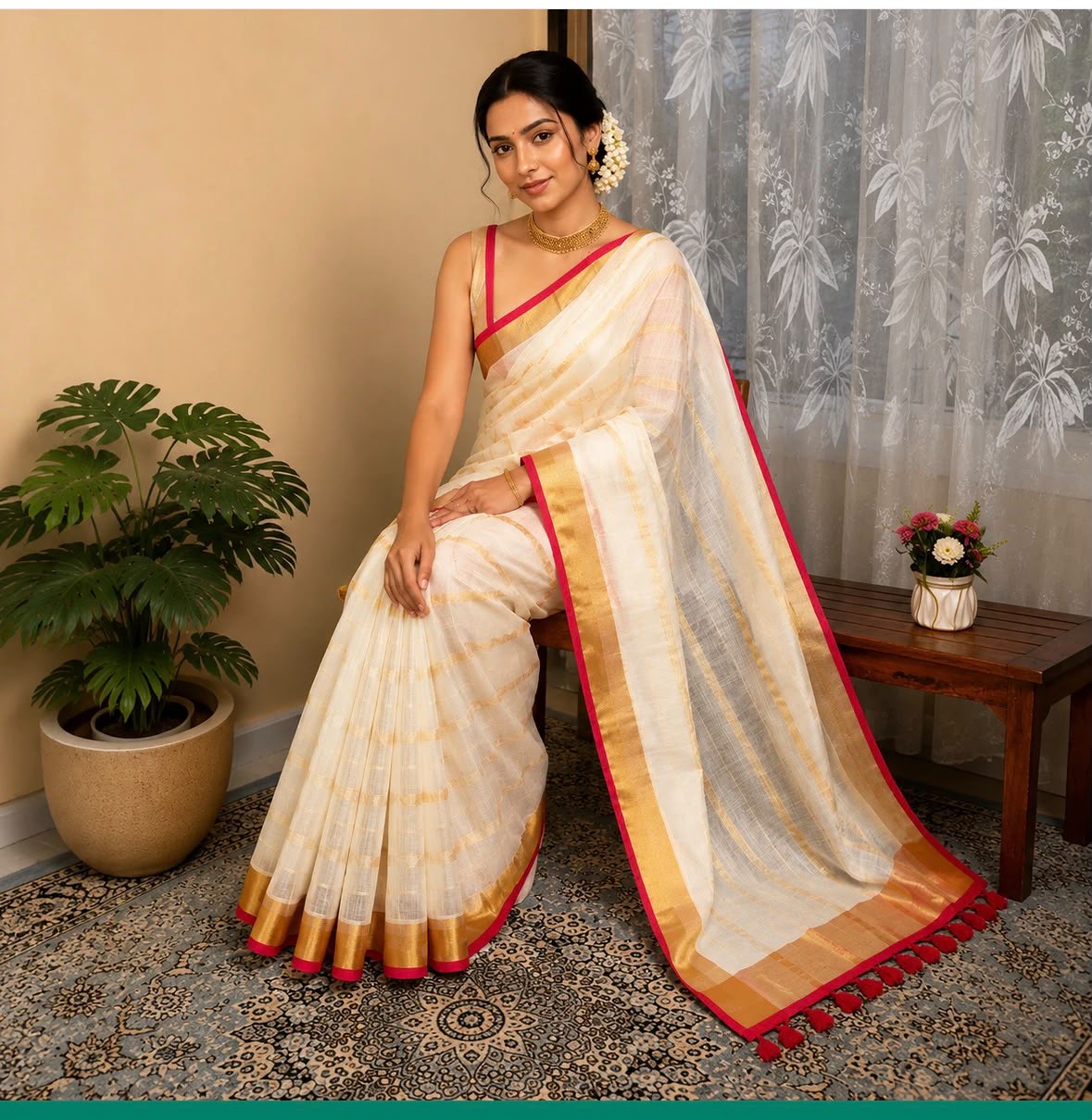 Mulcotton red border saree with tussels