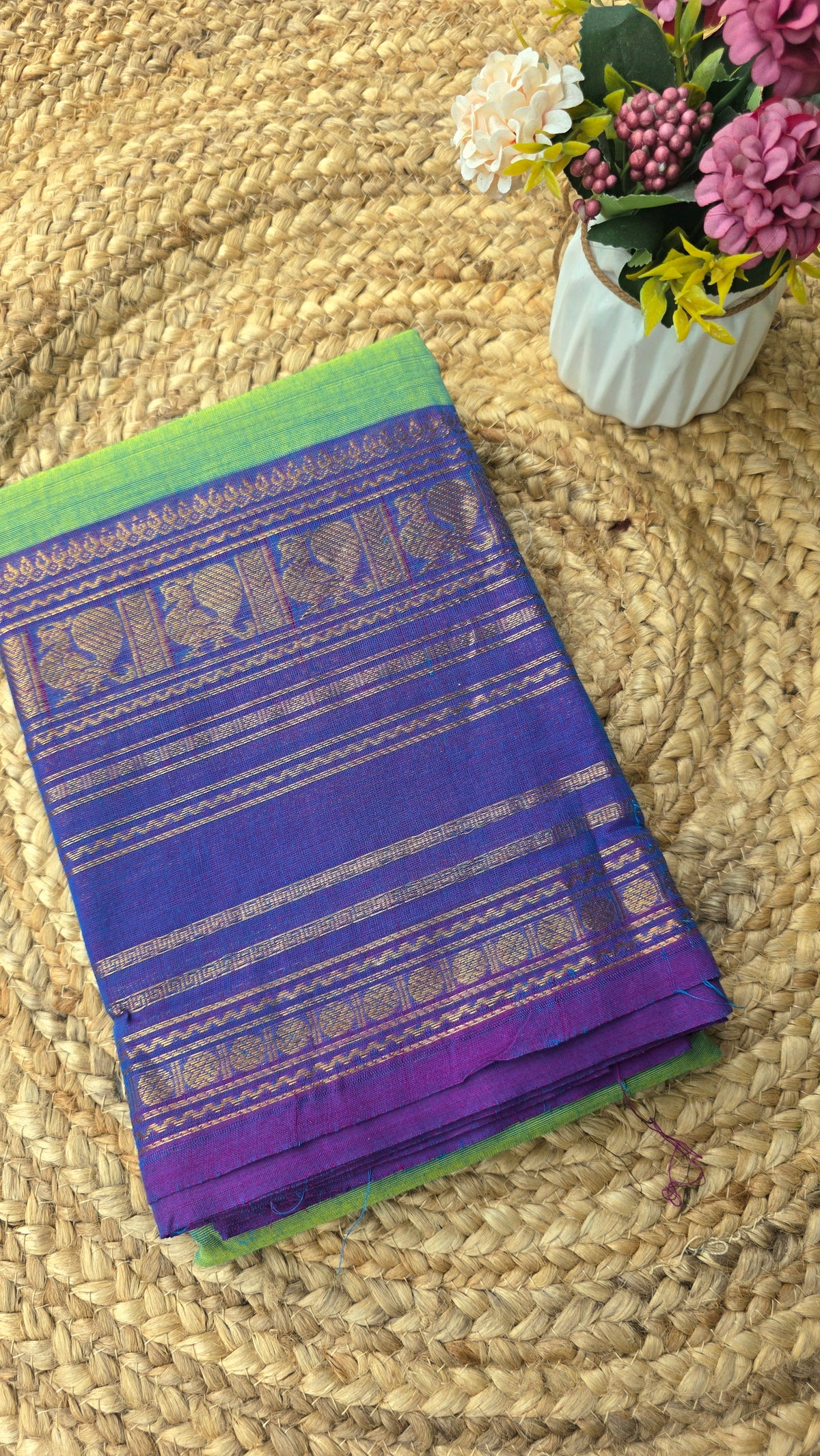 Light green kanchi cotton saree with violet border