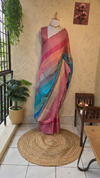 Semi tussar multi coloured saree with cut work with light pink running blouse