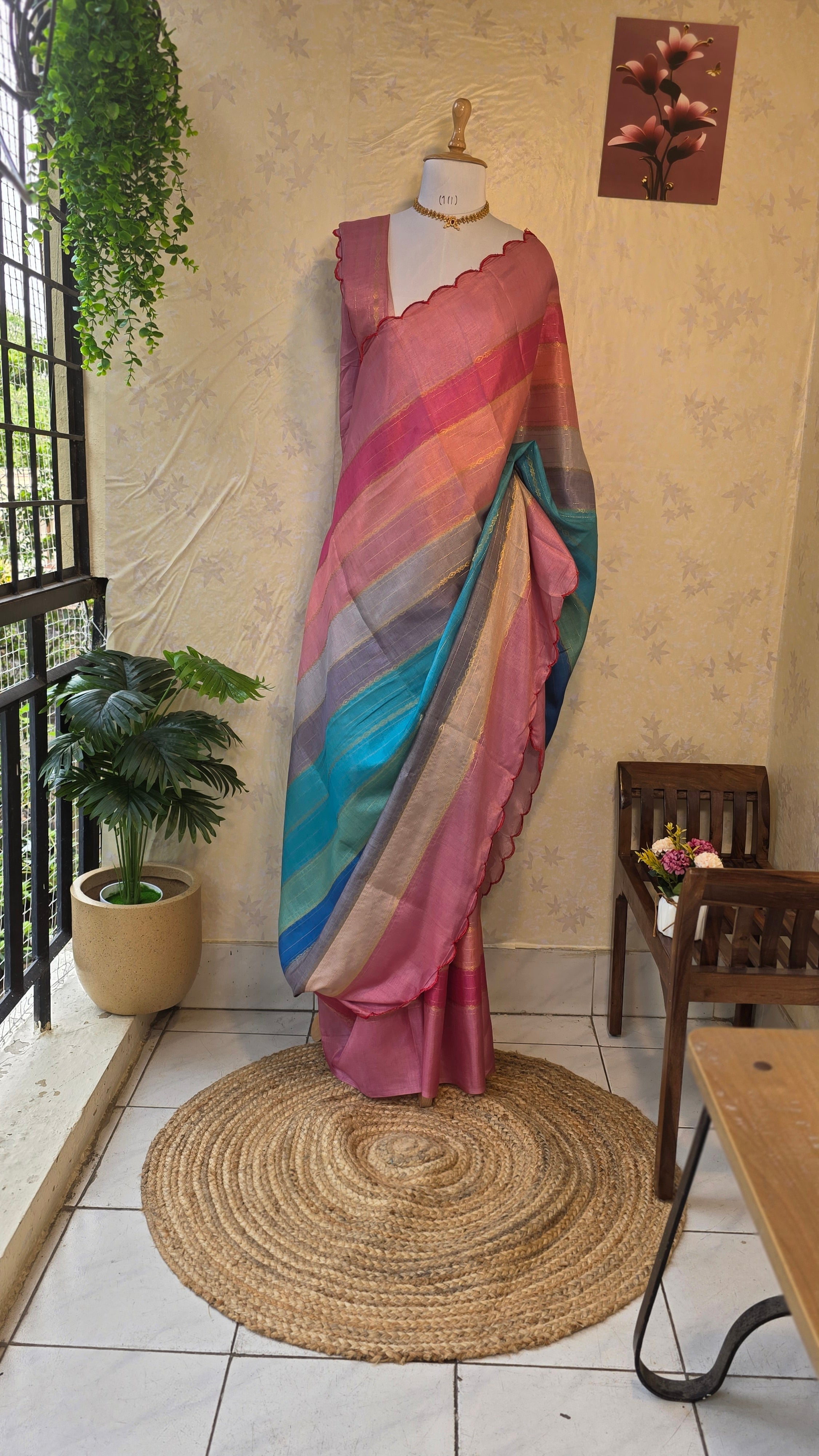 Semi tussar multi coloured saree with cut work with light pink running blouse