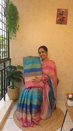 Semi tussar multi coloured saree with cut work with light pink running blouse
