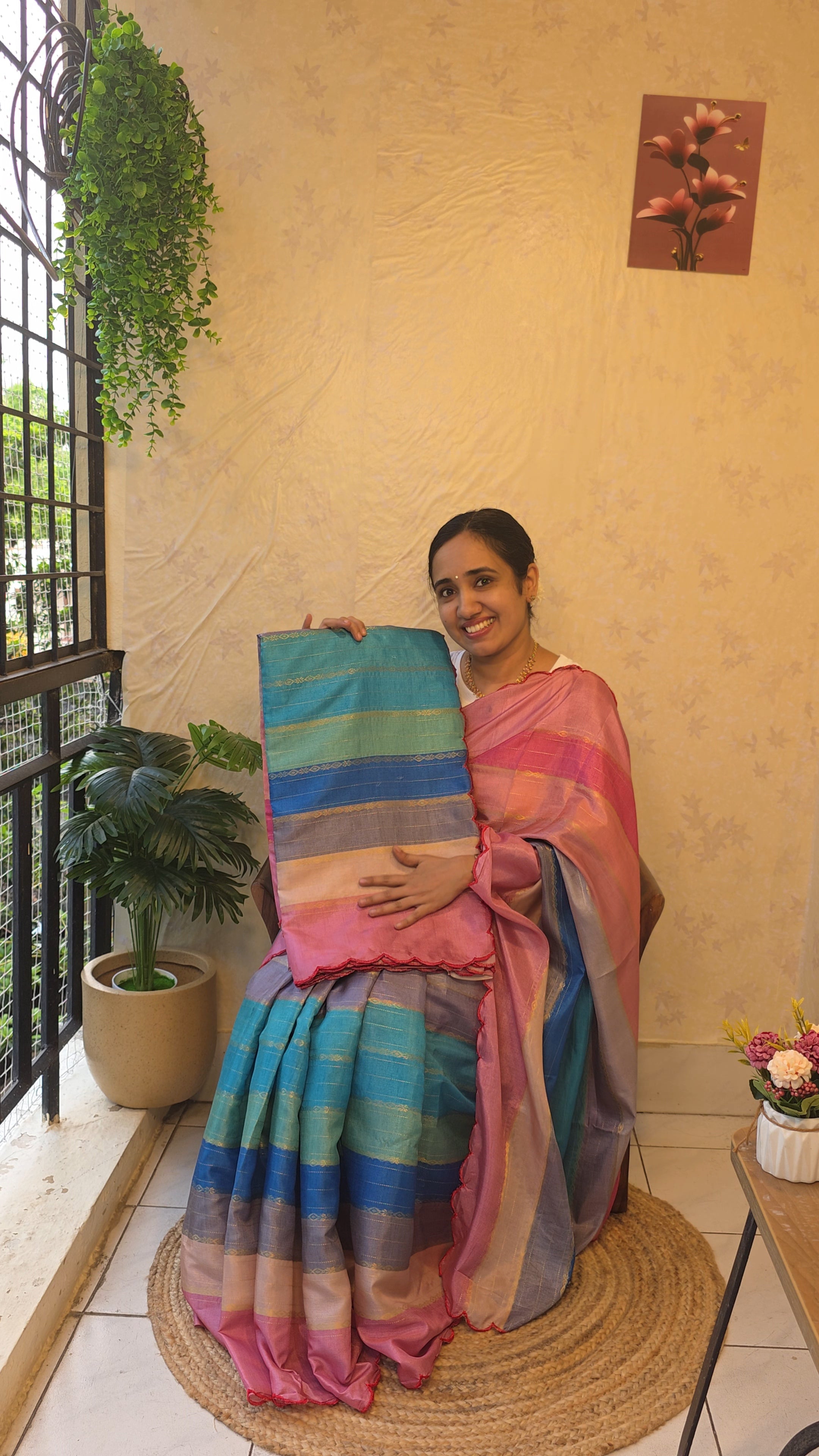 Semi tussar multi coloured saree with cut work with light pink running blouse
