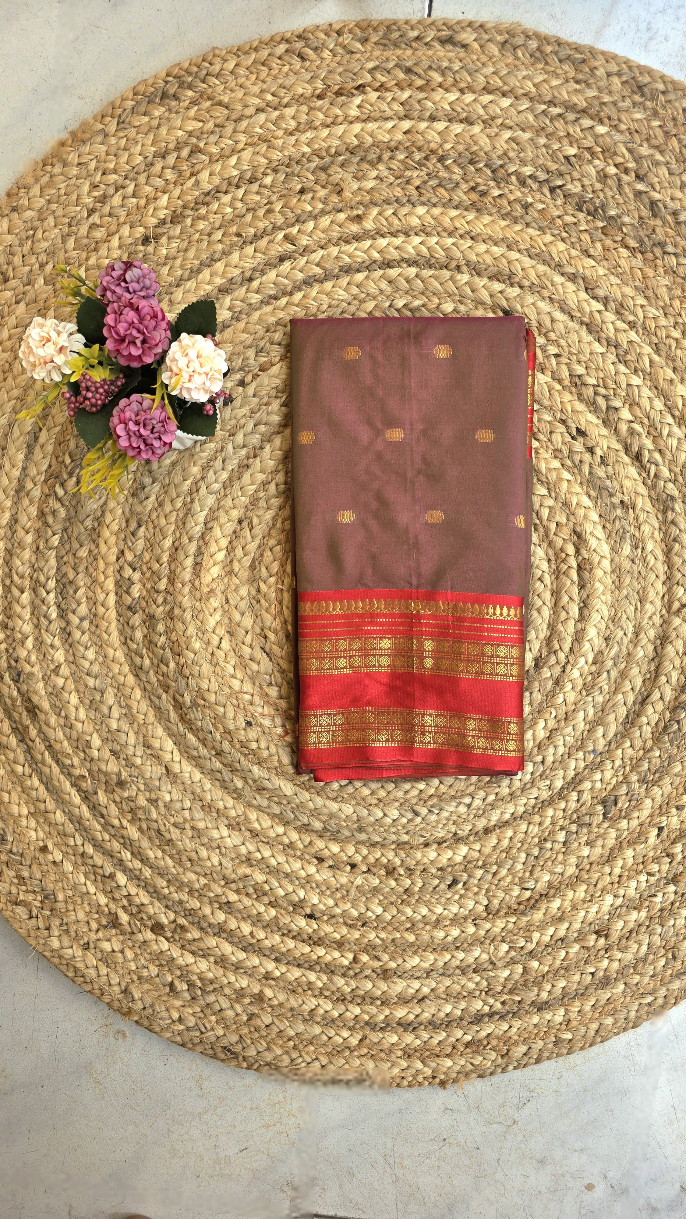 Red border double shaded semi silk saree with golden butta