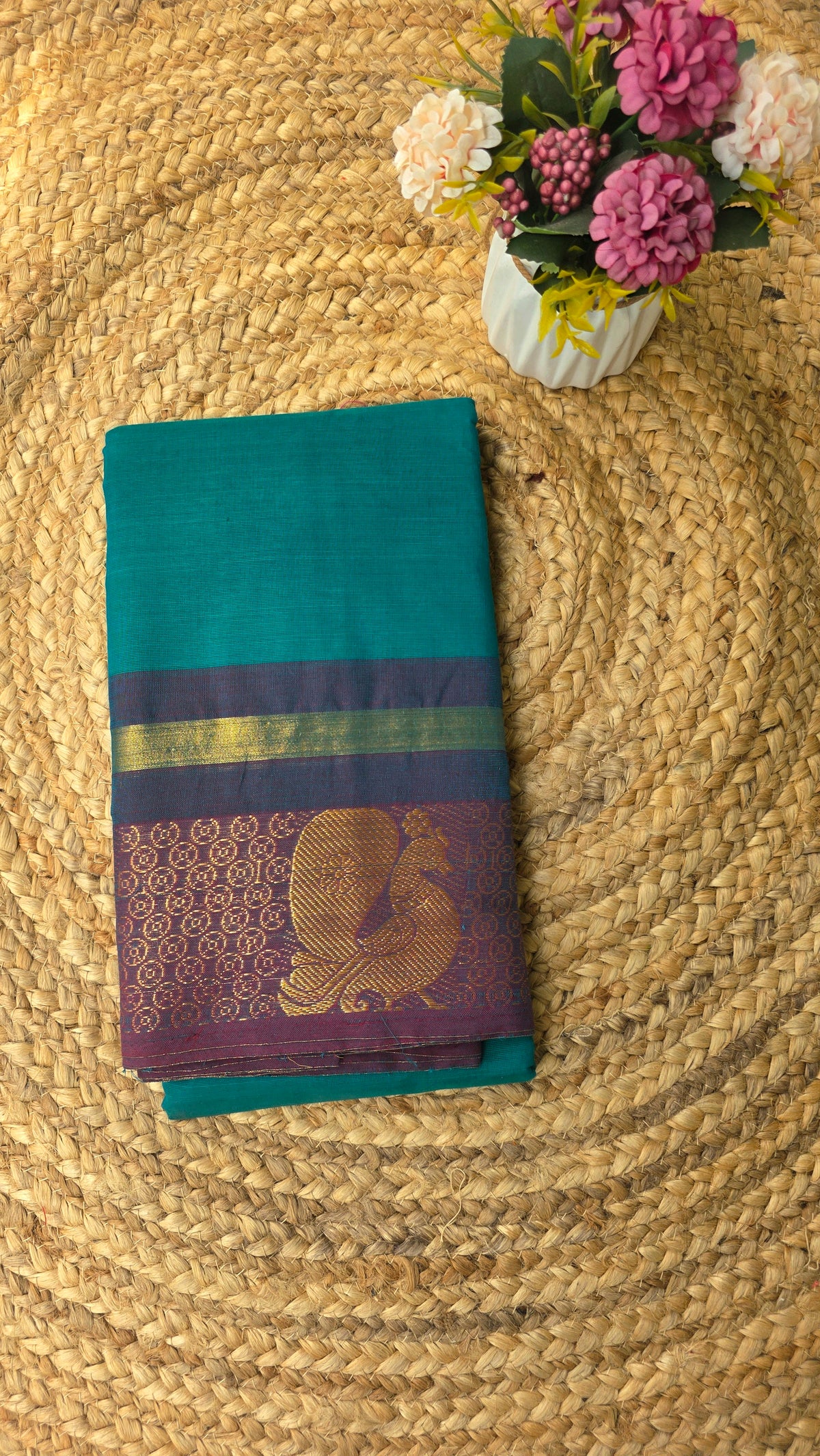 Sea green kanchi cotton saree with multiple colour  border