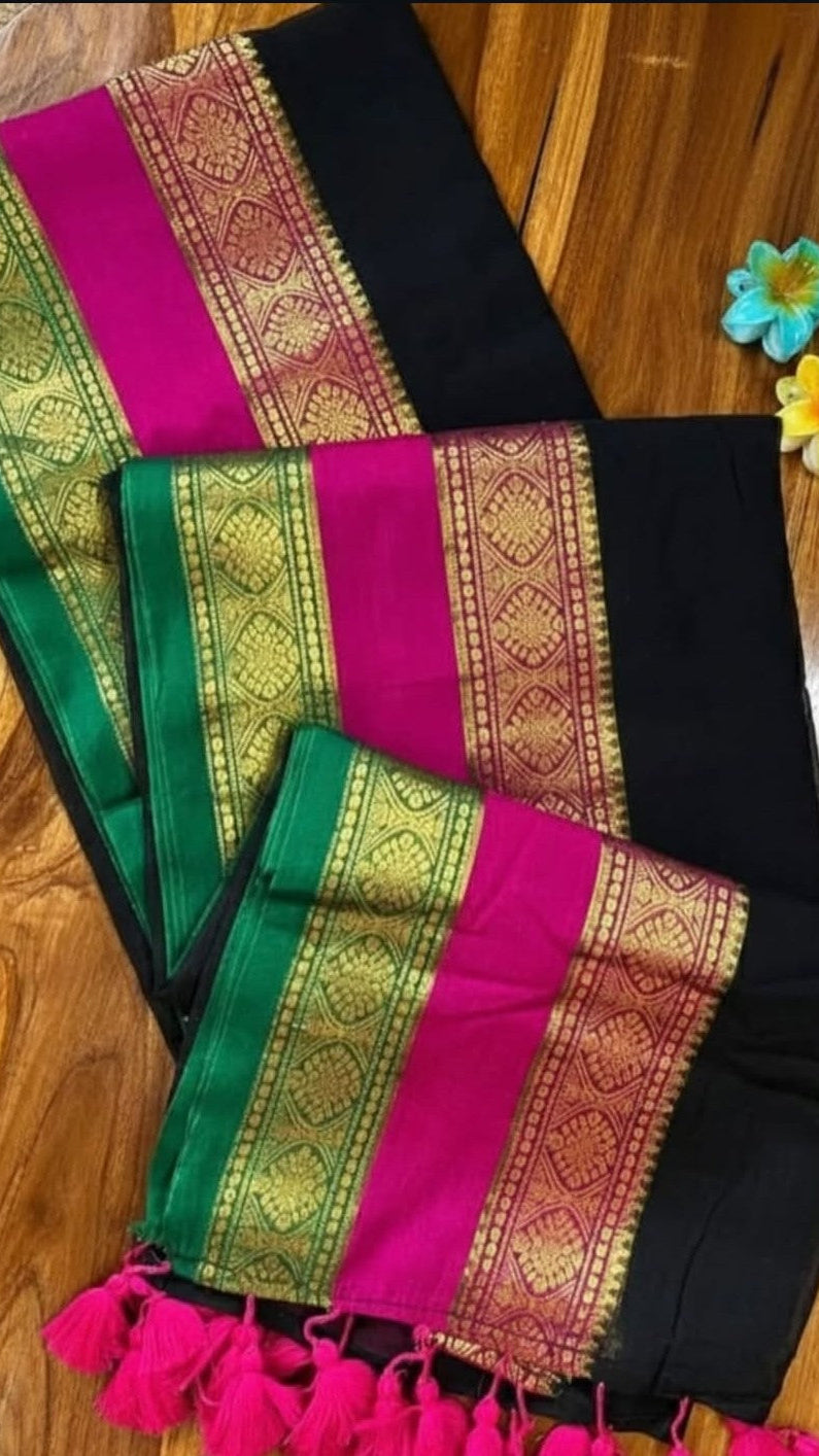 Multi colour kanchi border black cotton saree with tussels.