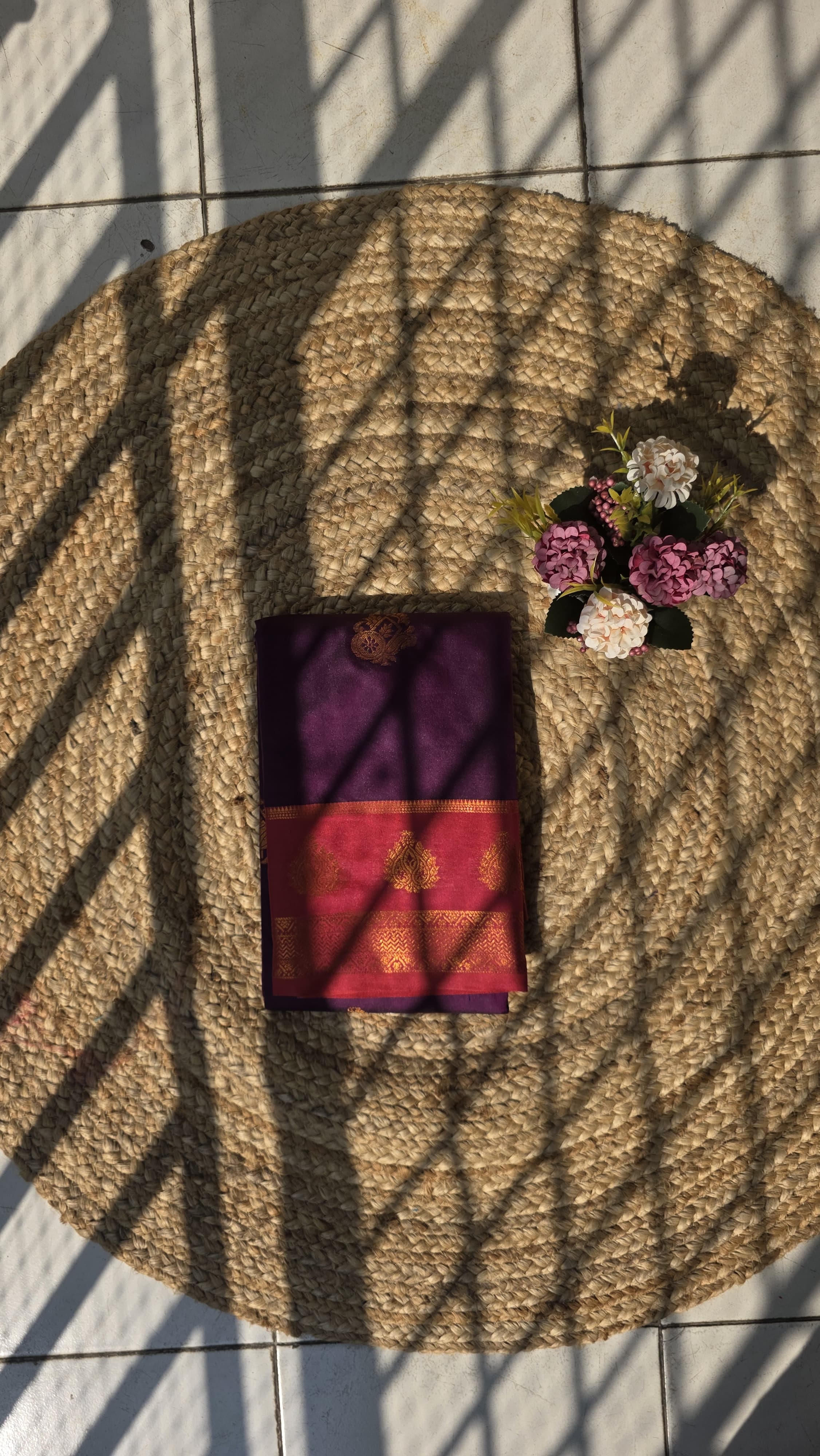 Violet colour semi silk saree with pink border